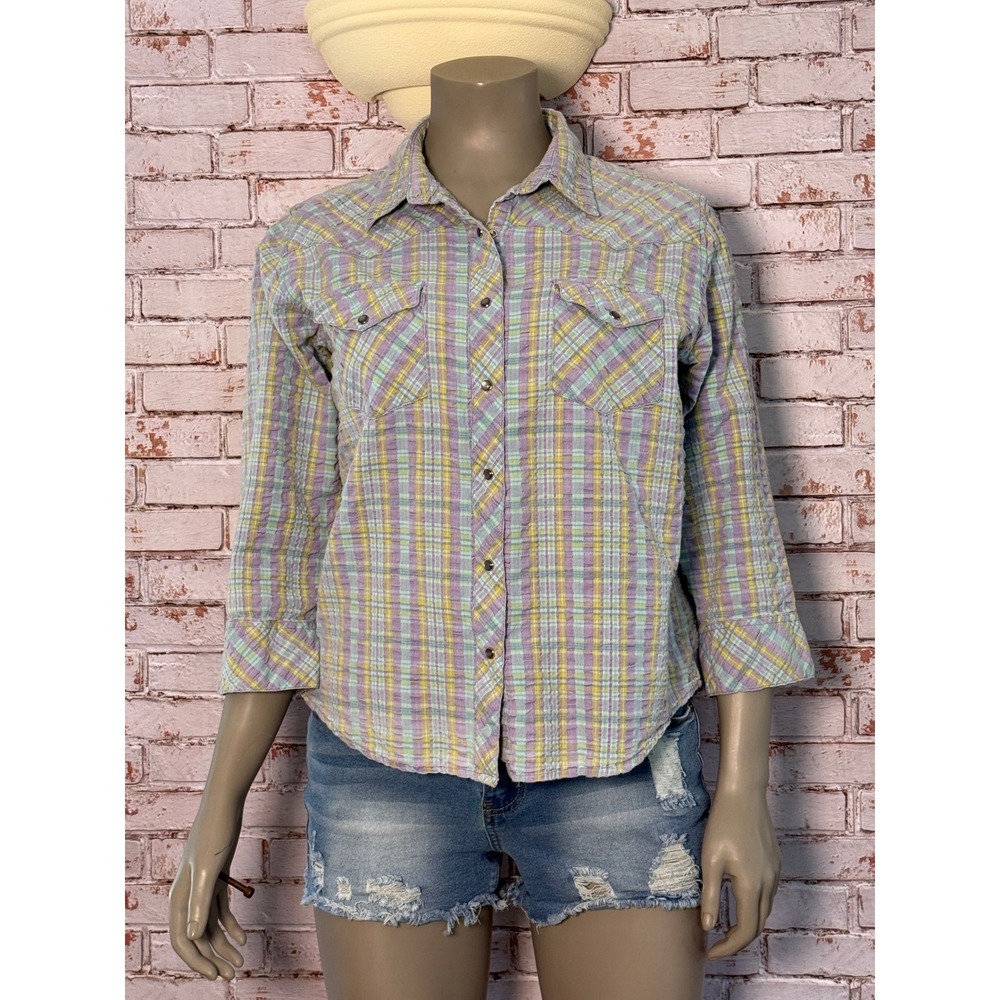The Territory Ahead Womens XL Plaid Western Shirt Lavender Pearl Snap Seersucker